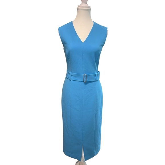 Hugo Boss Women’s “Dadorina” Bright Blue V-Neck Belted Sleeveless Pencil Dress - Picture 7 of 10